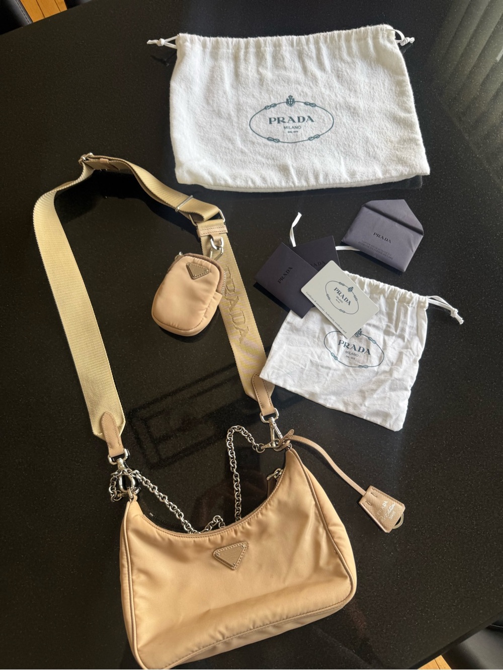 Prada Beige Nylon Shoulder Bag with Chain and Wide Strap